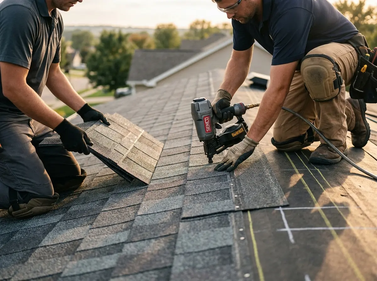 Professional roofer working on a residential roof in Hurst